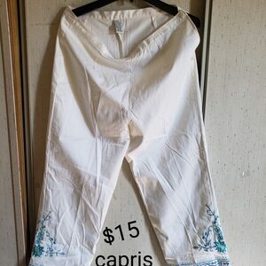 White Capris with Blue Embroidery